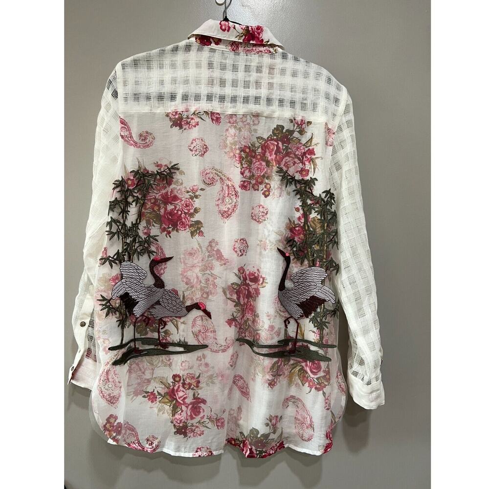 White Sheer Lace Floral Crane embroidery button down shirt Art Boho Romantic L - Picture 3 of 16